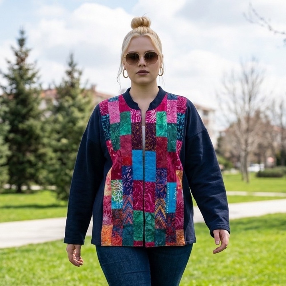 Navy Blue Hand Quilted Patchwork Batik Cardigan XL Handcrafted Grandma Cottage